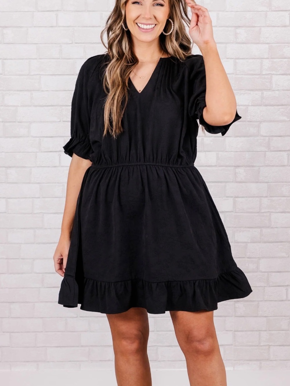 Women's Black V-Neck Ruffle Mini Dress - Picture 2 of 4